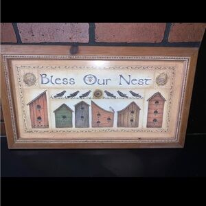 Vintage Linda Spivey Wood Glass Framed Art Print "Bless our nest" Bird Lovers
